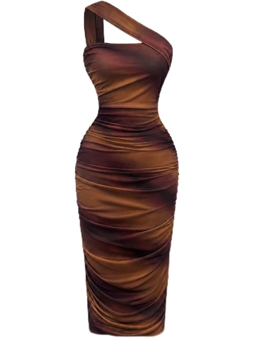 👗Women's Brown Bodycon Summer Dress One Shoulder Elegant Mesh Ruched Midi Dress